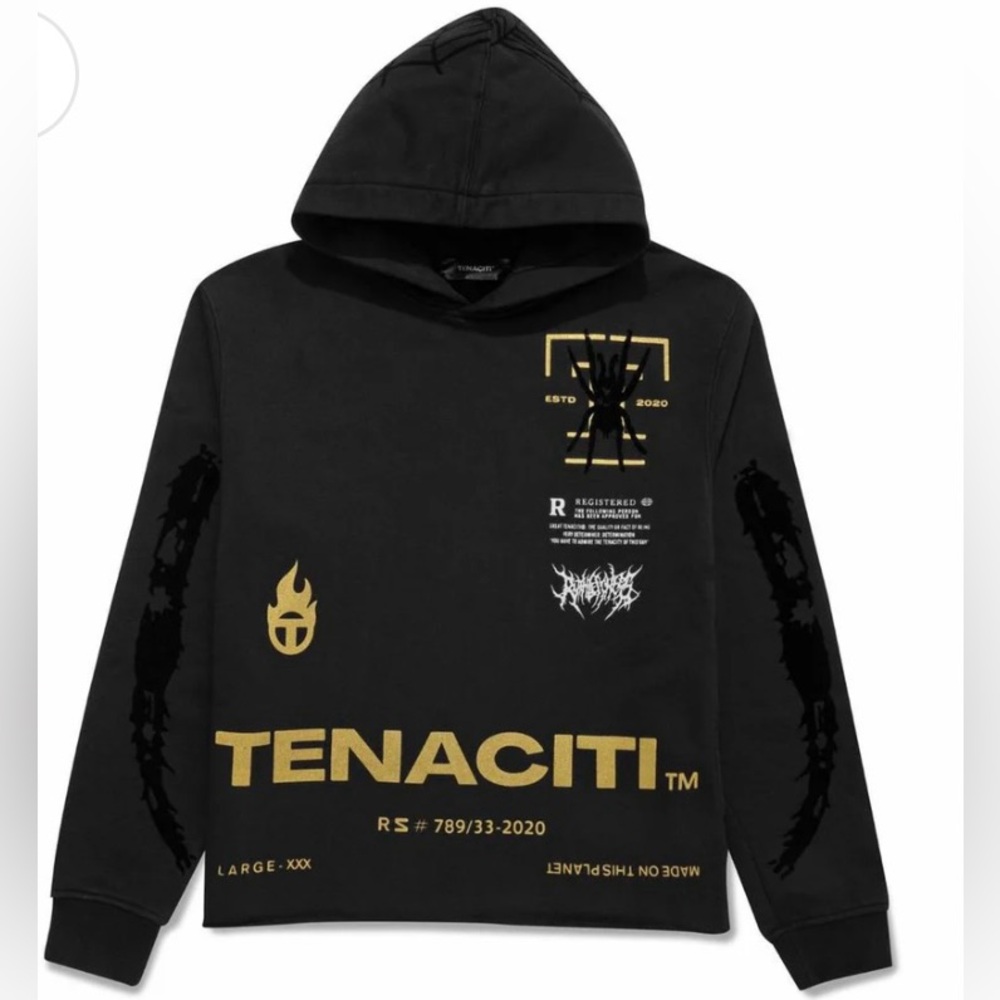 TENACITI Spider Black Hoodie 100% COTTON METALLIC GOLD VELVET SPIDER MENS SZ LG